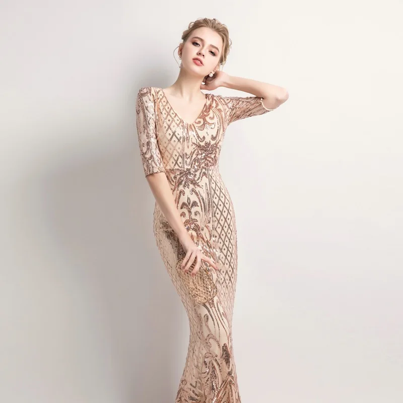 

Mingli Tengda Evening Dresses Long Lace Glod Half Sleeves Black V Neck Women Formal Party Mermaid Dress Robe De Soiree Avondjurk