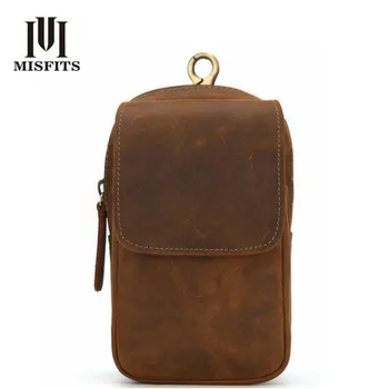 

MISFITS 100% Crazy Horse Leather Male Waist Large Capacity Many Compartments Phone Pouch Bags Handy Pocket Hip Hop Fanny Pack