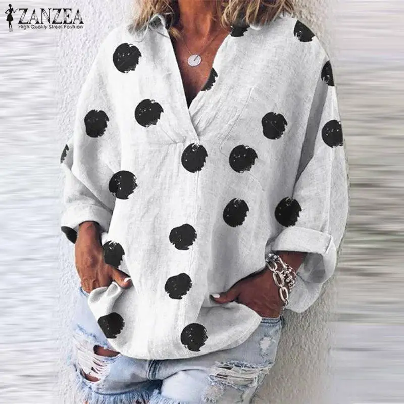 

2019 ZANZEA Women Blouses Tunic Autumn Winter Tops Casual Polka Dot Print Loose Blusas V-Neck Long Sleeve Blouse Plus Size S-5XL