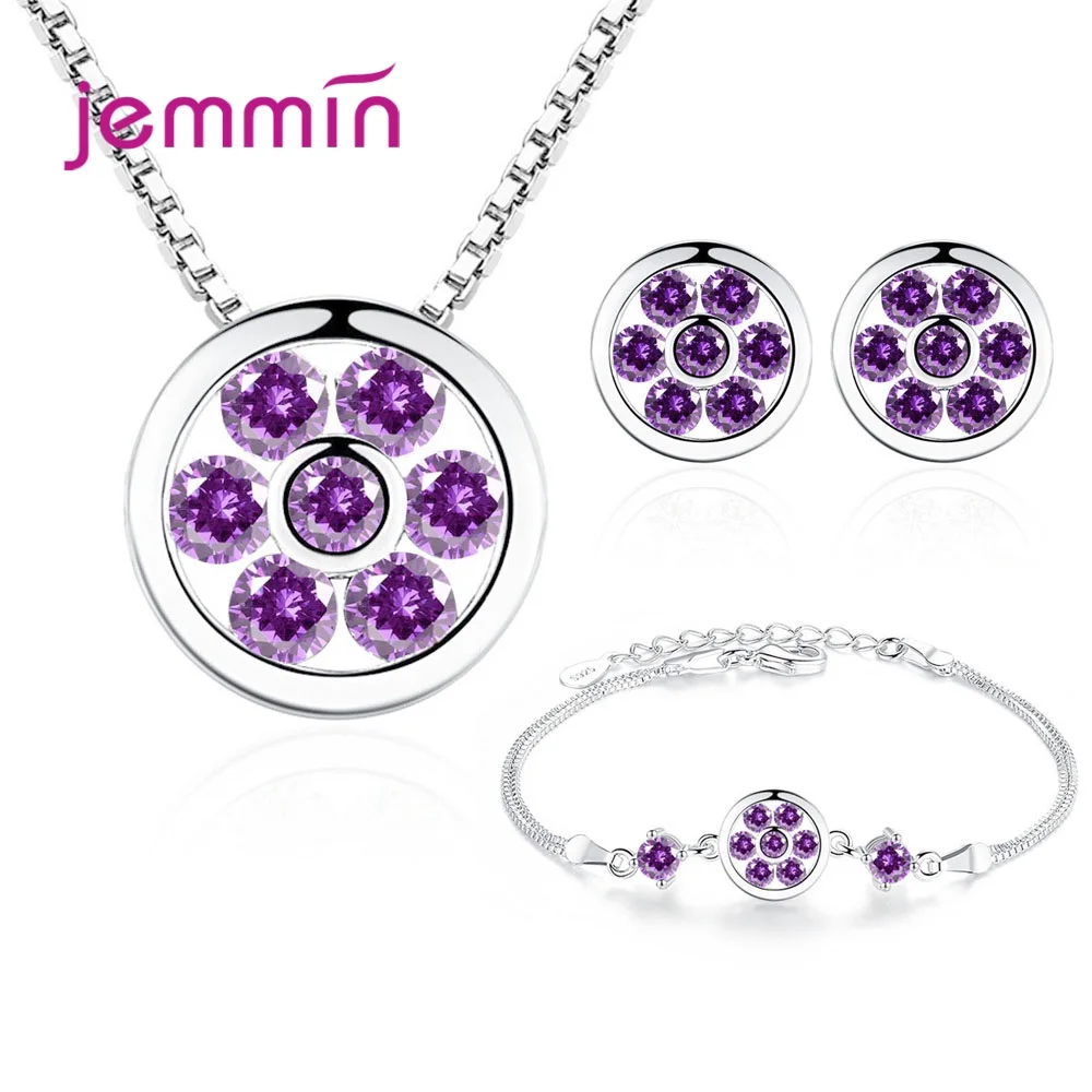 Sterling Silver Crystal Round Pendant Necklace Earrings Womens Jewelry Set Party