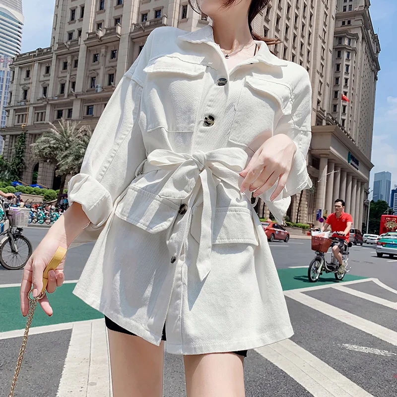 

Casual Vintage Female Jacket Spring Autumn Jacket Women Loose Streetwear Clothes Women's Denim Jacket with Belt White Coat Women