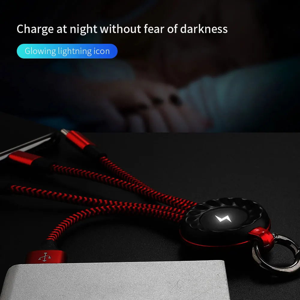 KISSCASE 3 в 1 брелок нейлоновый USB кабель для зарядного устройства короткий Micro usb type C светильник ing кабель Линия для iPhone провод шнур с светодиодный светильник