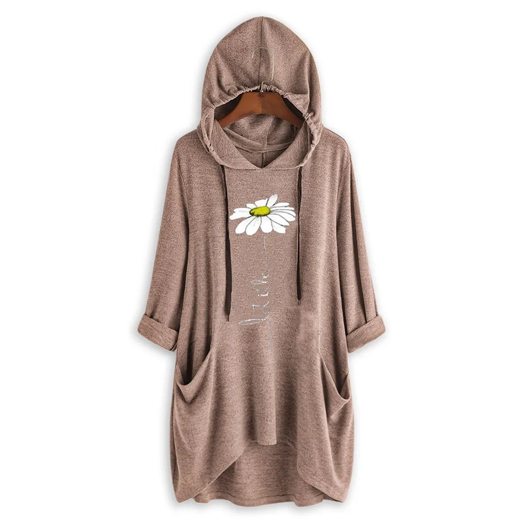 Plus Size 5xl Women Casual Hoodies Print Hooded Long Sleeves Roll Up Sleeve Pockets Irregular Top Blouse Shirts Feminine#J30
