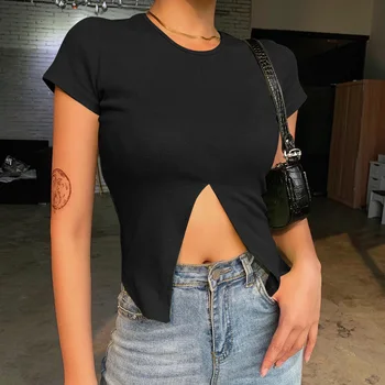 

ArtSu Sexy Center Split Round Neck Short Sleeve Green Top 2020 Summer Women Elastic Rib Knit Casual T Shirt Streetwear ASTS52115