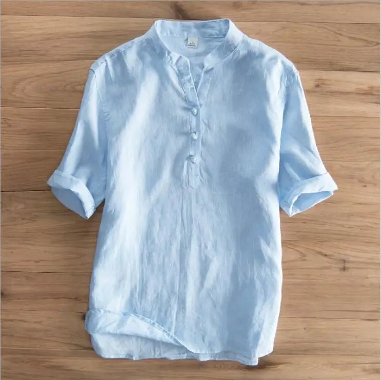 

Мужская популярная модная новая Повседневная дышащая рубашка с рукавом до локтя летние высококачественные рубашки в китайском стиле 100% льняные мужские топы