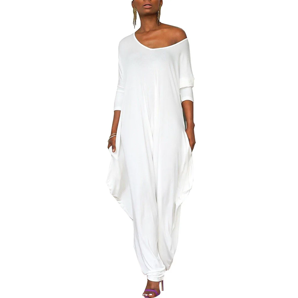 

2019 Autumn V Neck Long Sleeve Casual Loose Jumpsuits Solid Women Overalls Plus Size Jumpsuits Backless Sexy White Romper