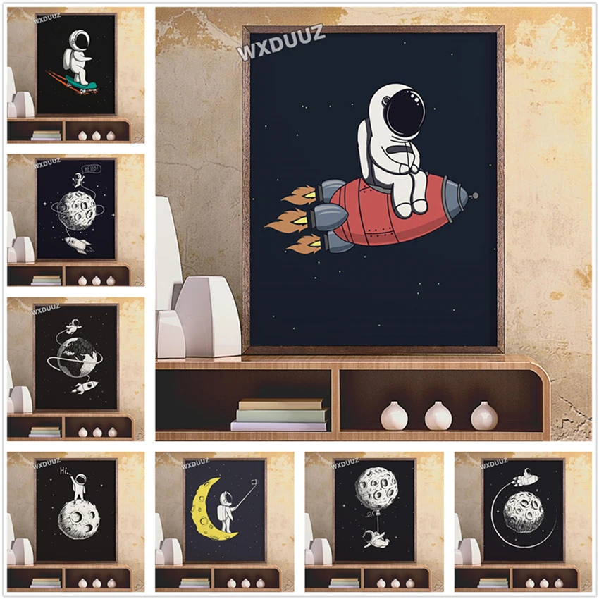 Wall art Космос астронавт nordic рисунок с Луной плакат для детской комнаты картина