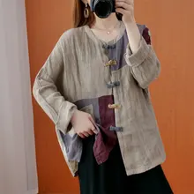Primavera outono novas artes estilo feminino manga longa camisas soltas botão vintage retalhos algodão linho blusas femme topos