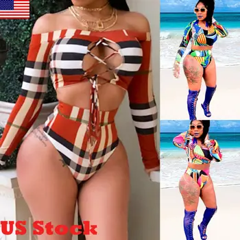 

Brand New Women Bikini Set Long Sleeve Print Splice Swimsuit off Shoulder Push-up TOP Swimwear Beachwear 2pcs