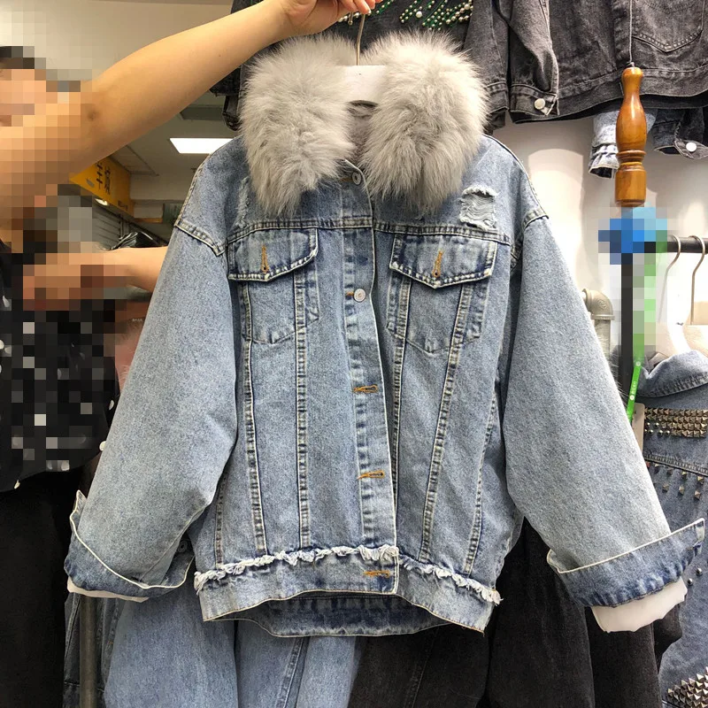 Winter Warm Denim Jacket Women New Korean Style Loose Real Fur Collar Removable Inner Thickened Pearl Bead Cotton Jean Coat