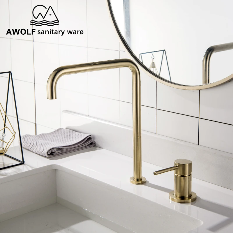 Solid Brass Brushed Gold Basin Faucet 2 Pcs Bathroom And Kitchen Vessel Sink Chic Hot Cold Mixer Tap Deck Mounted ML8050 | Обустройство