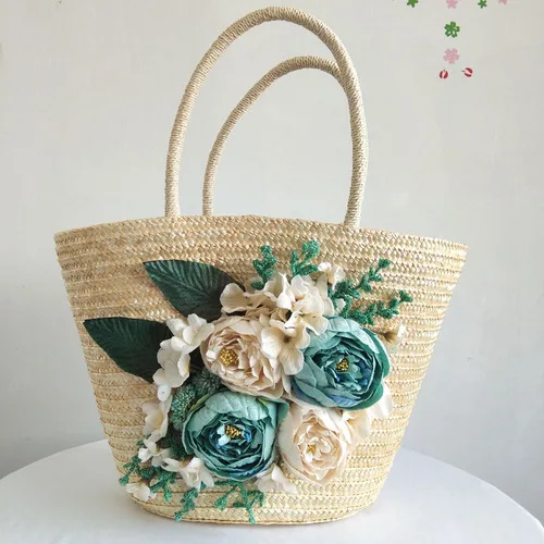 Green Tote Индивидуальные ручной работы Летняя женская Соломенная пляжная сумка пляжная шляпа костюм розовый пион ротанга Повседневная сумка модная Праздничная сумочка - Цвет: Green Tote