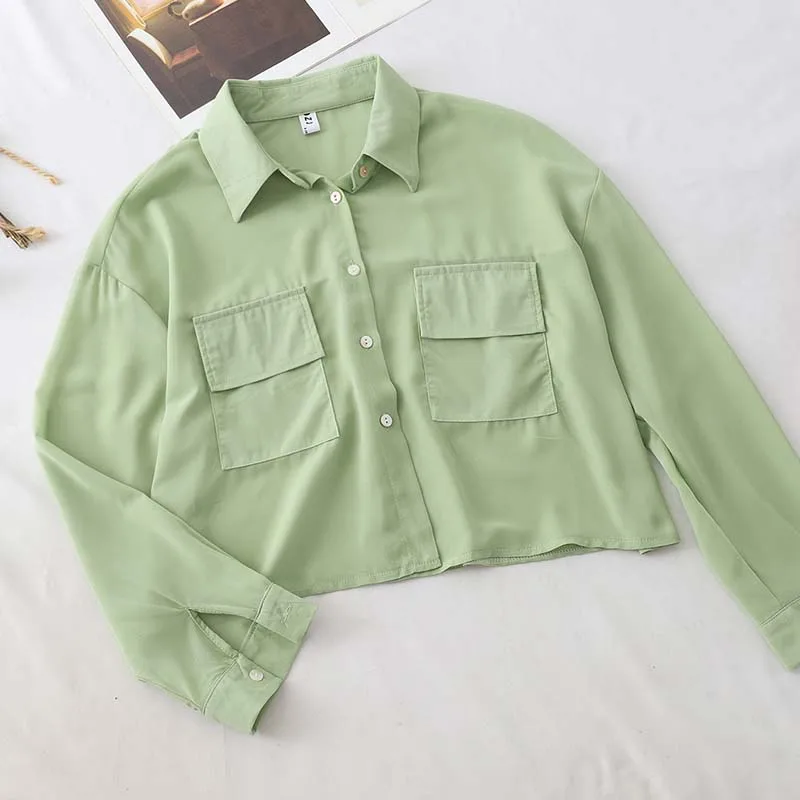 HELIAR Осенняя офисная блузка с накладной карман блузка, женская блузка, модная женская блузка с длинным рукавом, отложной воротник, рубашка на пуговицах - Цвет: green