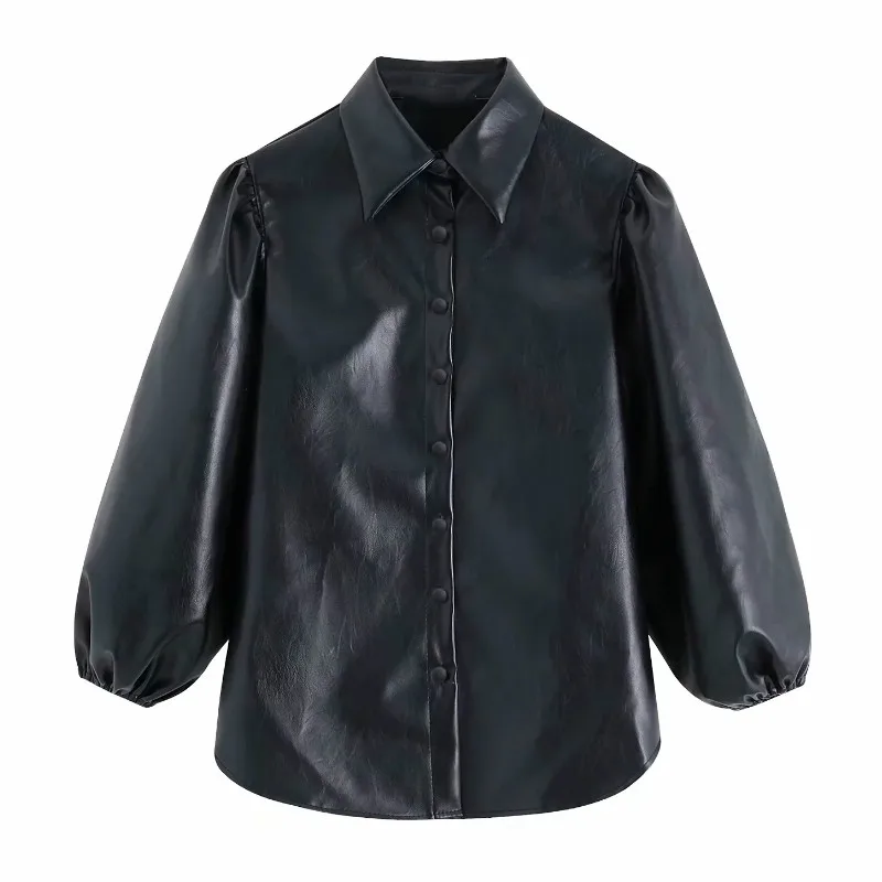 

Women Blouses Tops Vintage PU Leather Lantern Sleeve Black Blouses Shirts Women Chi Single Breasted Casual Blusas Retro Tops