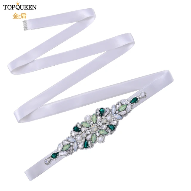 TOPQUEEN S443 Luxury Green Rhinestone Bridal Belt Beaded for Formal Evening Dresses Custom Diamond Decorative Belt Handmade white ribbon