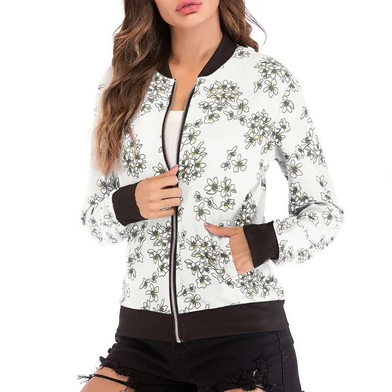 White Floret Wuhaobo модное женское пальто в стиле ретро с цветочным принтом, повседневная куртка-бомбер на молнии, Женская Повседневная Осенняя верхняя одежда, пальто, женская одежда - Цвет: White Floret