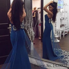 Синие Сатиновые вечерние платья в стиле русалки с милым бантом и аппликацией Vestidos De Fiesta De Noche Robe De Soiree размера плюс
