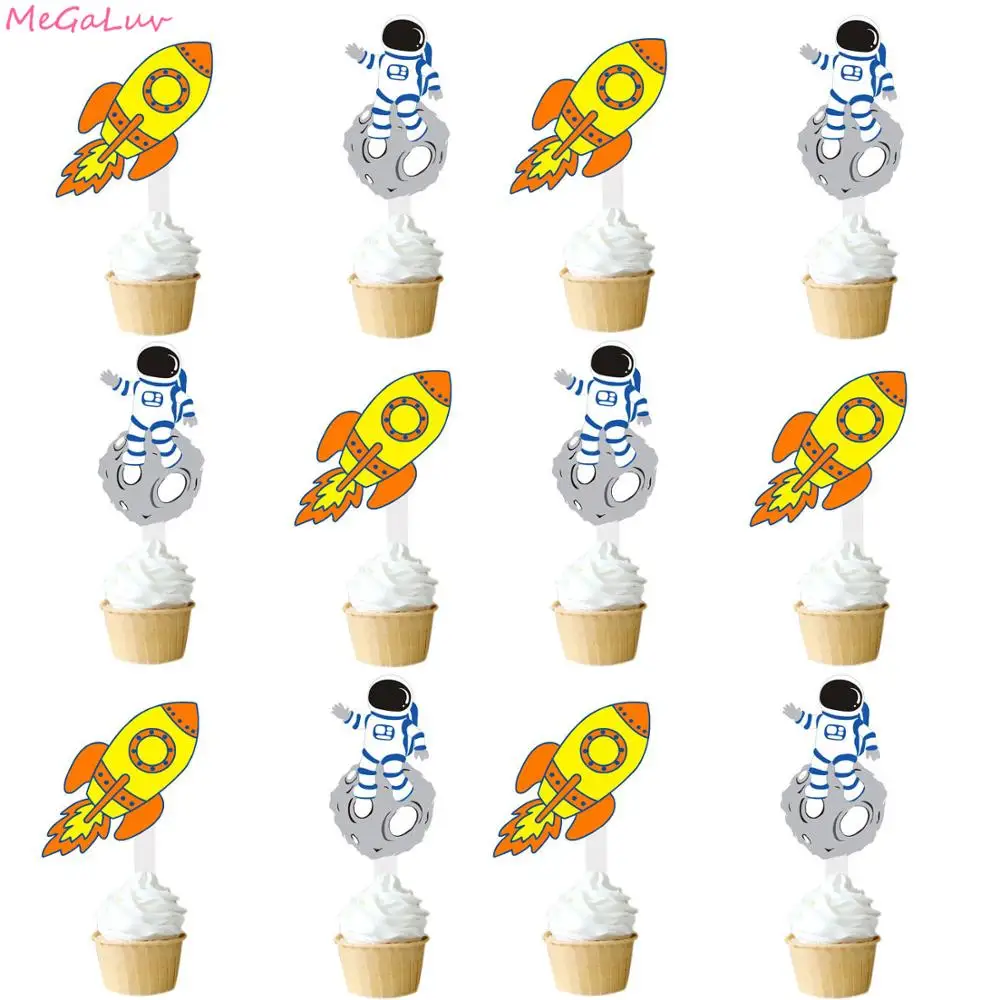 12Pcs Space Theme Party Decorations Astronaut Rocket Cake Topper Birthday Paper Cupcake Flag Dessert Table Decor Tag