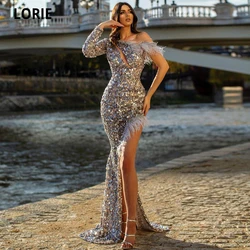 LORIE Shining Beaded Mermaid Sequined Evening Dresses One Shoulder Long Sleeves Side Split Formal Prom Gowns Feather Plus Size