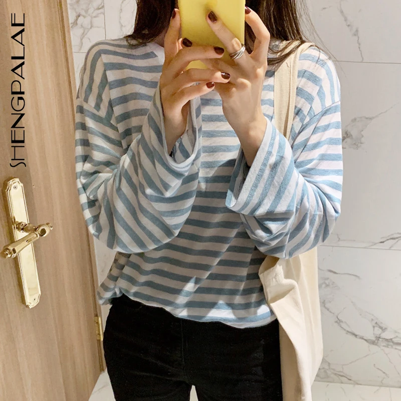 

SHENGPALAE Round-neck Striped Cotton Full Sleeve Pullovers Loose Women T-shirt 2019 Autumn Spring Korea Style Casual FS661