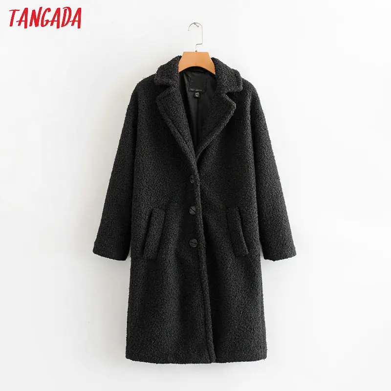 Tangada Elegant Winter Women black teddy Long Coat Jacket pocket buttons long sleeve Casual solid Overcoat HY187