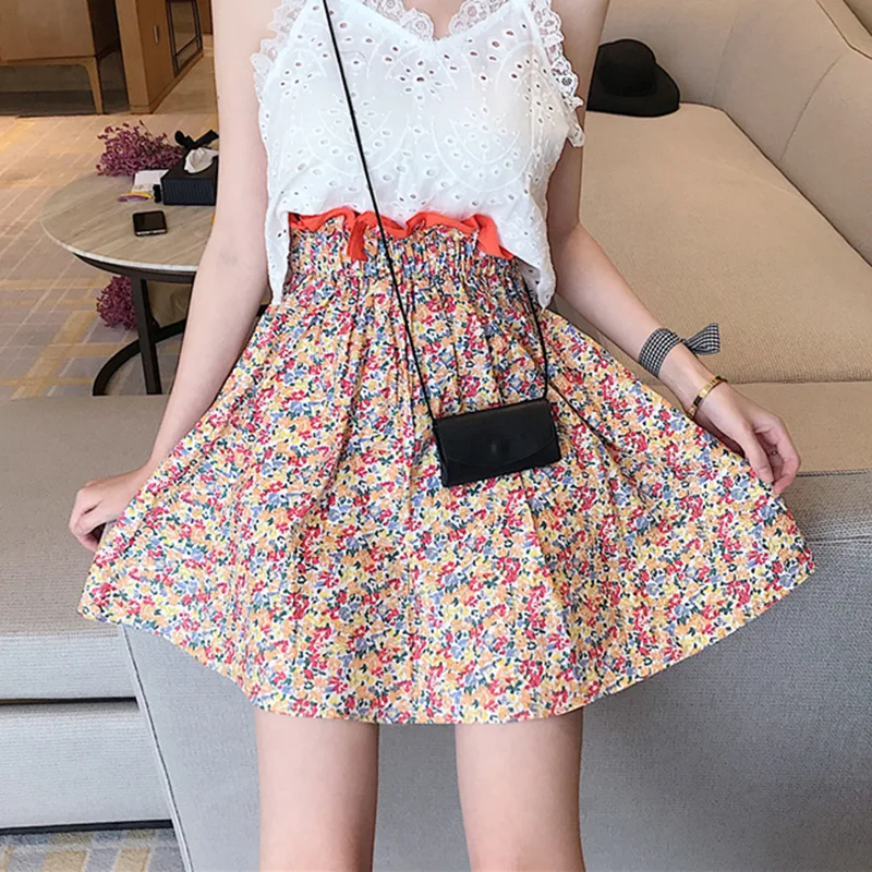 

2019 Summer New Style Korean-style Retro High-waisted Mixed Colors Elastic Waist Bud A- line Skirt Chiffon Floral-Print Skirt Fa