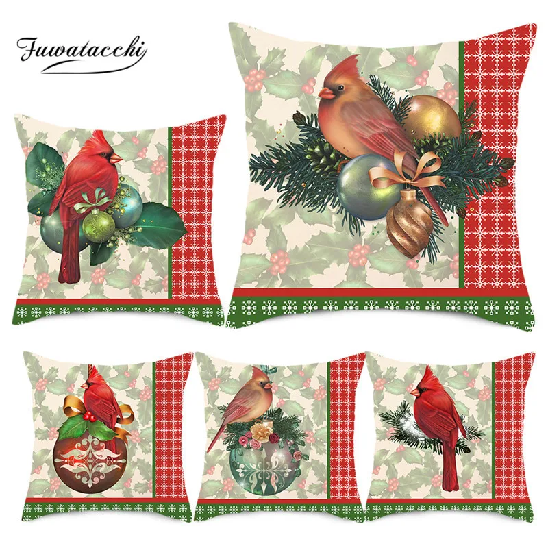 

Fuwatacchi Merry Christmas Cushion Cover Pillowcases Bird Polyester Throw Pillow Case Cover for Home Sofa Decorative Pillows