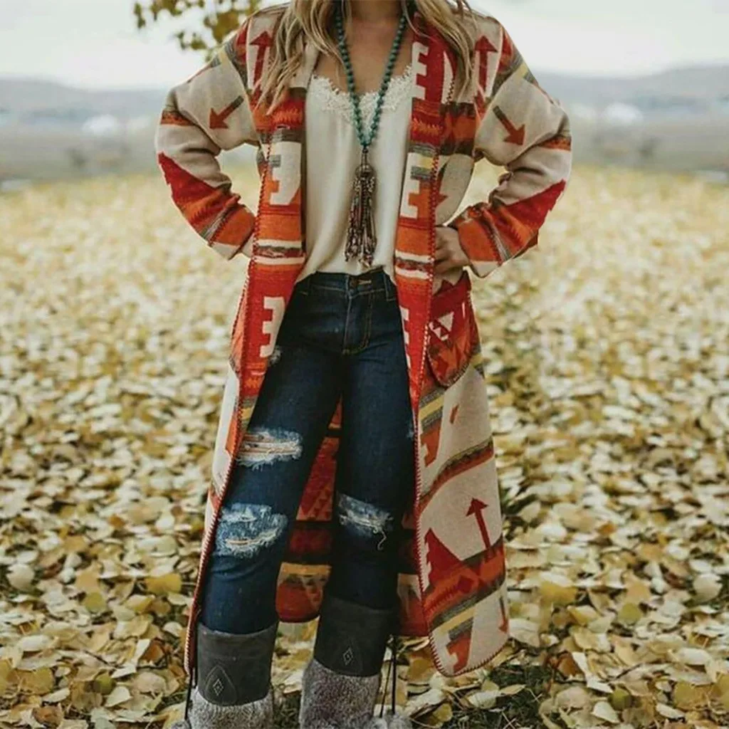 2019 Осень Зима Новое повседневное свободное женское пальто с длинным рукавом пальто с винтажным принтом длинная куртка-ветровка для женщин