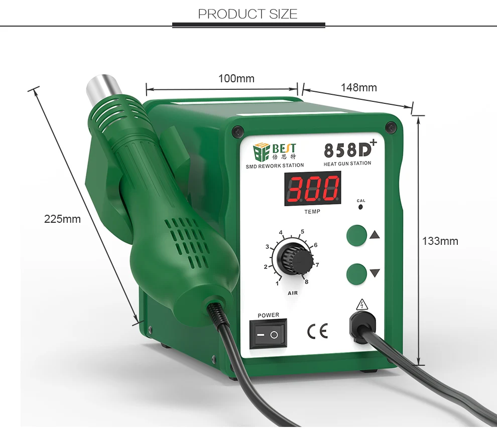 BST-858D+ паяльная станция горячего воздуха с одним цифровым дисплеем, Регулируемый Вентилятор горячего воздуха для ремонта мобильного телефона