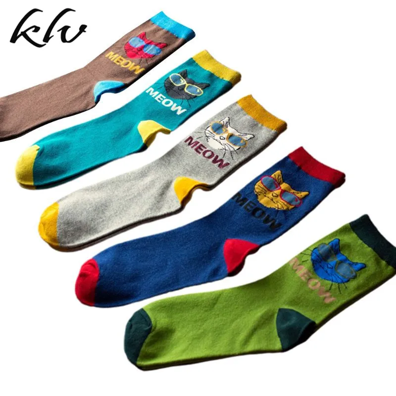 5 Pairs Mens Cartoon Sunglasses Meow Cat Cotton Crew Socks Skateboard Hosiery