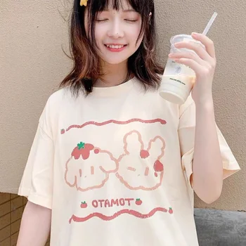 

Summer New Japanese Cute Printed Girl Solid Color Short-sleeved Pullover T-shirt Student Bf Top