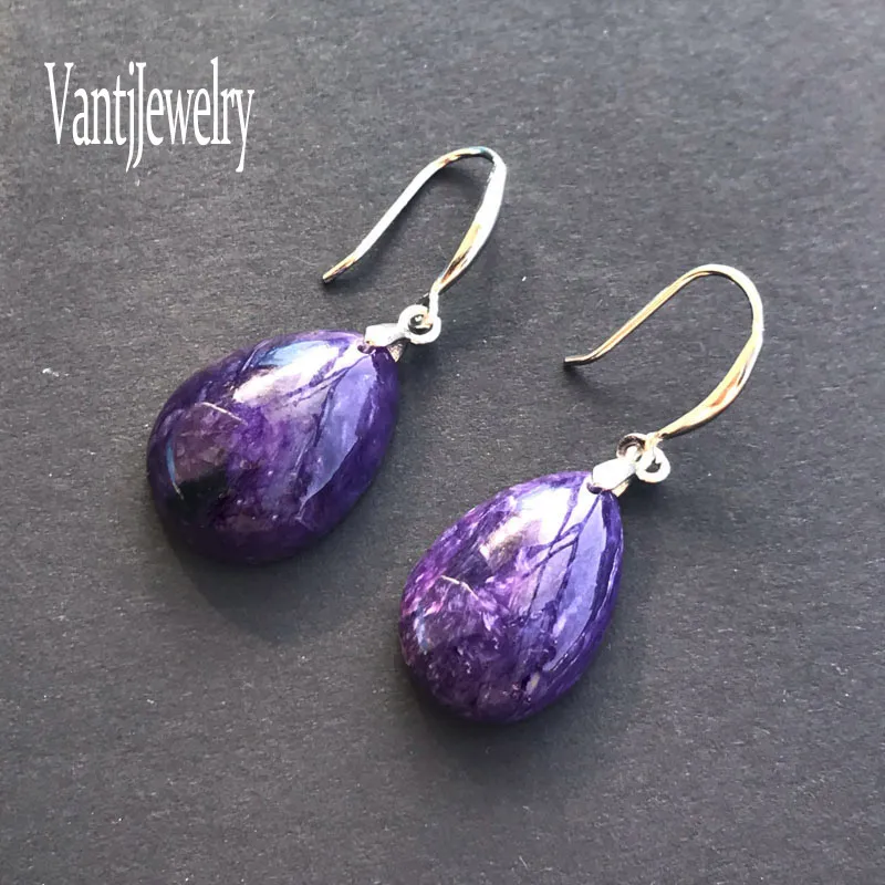 

Natural Charoite Dangle Earrings Sterling 925 Silver Gemstone 15*20mm for Women Wedding Anniversary Party Birthday Jewelry Gift