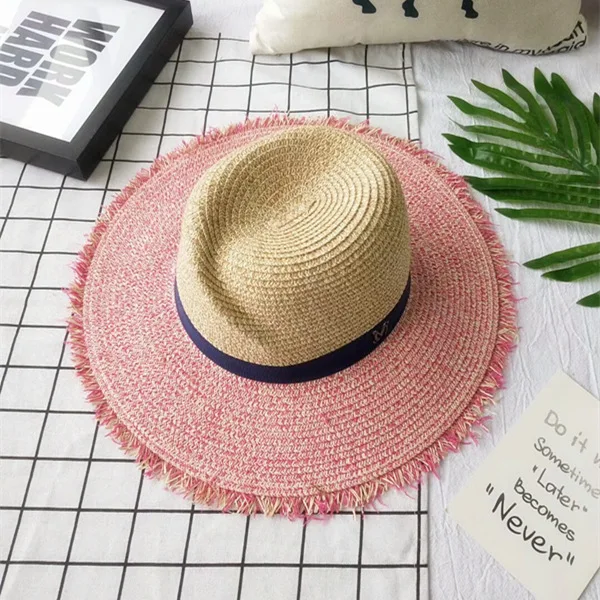 Солнцезащитная летняя соломенная шляпа для женщин, большие карнизы, широкие карнизы, Подарочная шляпа, Панамская шляпа для защиты от солнца, пляжная шляпа для женщин - Цвет: Pink eave