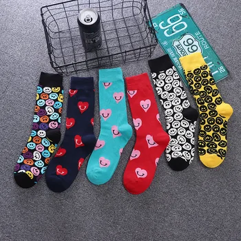 

New Trend Couple Crew Socks Colorful Cartoon Smile Face Expression Pattern Cotton Breathable Women Mid-Calf Socks Easy Matching