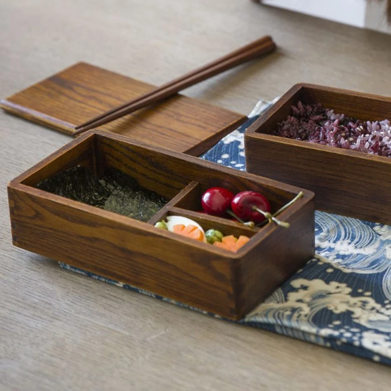 

2 Layer Rectangle Wood Lunch Box Japanese Sushi Bento Lunch Box Portable Food Container Fruits Storage Tableware Dinnerware Set