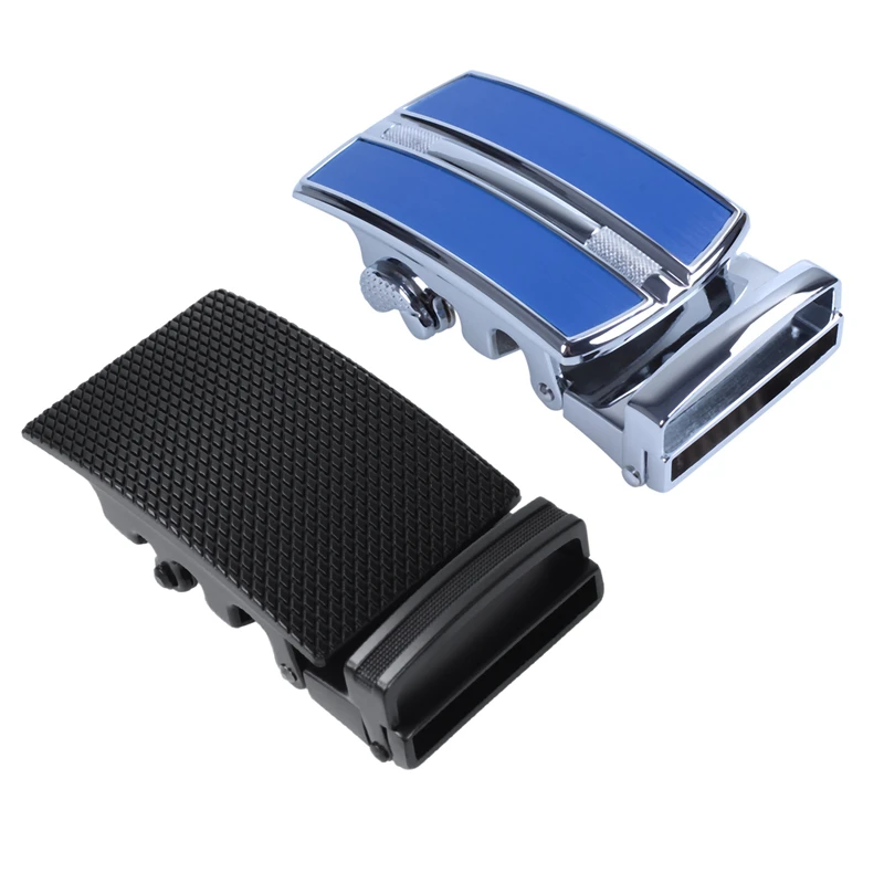 

2x Men's Solid Buckle Automatic Ratchet Leather Belt Buckle in the Middle with an Edge-Dark Blue + Silver & with Twill-Black