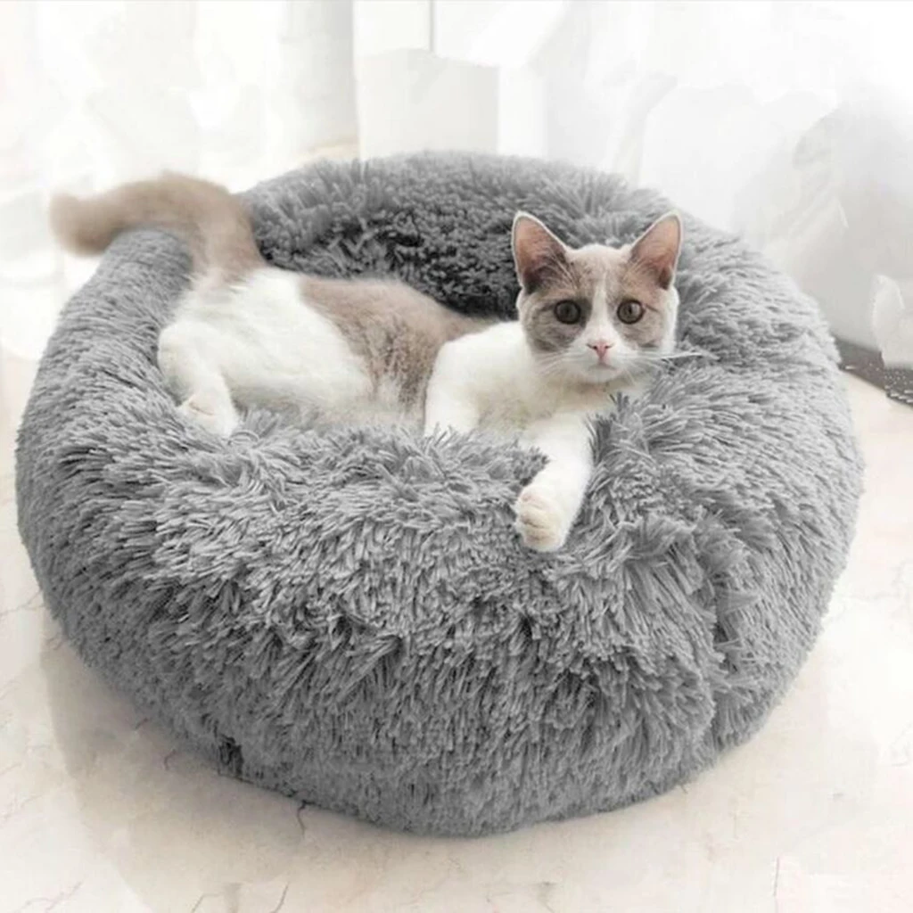 Round Donut Cat and Dog Cushion Bed Self Warming Indoor Round Pillow Cuddler