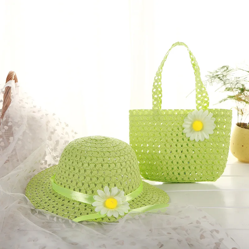 Green-3 Комплект из 2 предметов, детская соломенная шляпа с бантом для девочек, детские шляпы от солнца, большой пляжный летний костюм с лодочками и лентами, круглая Панама - Цвет: Green-3