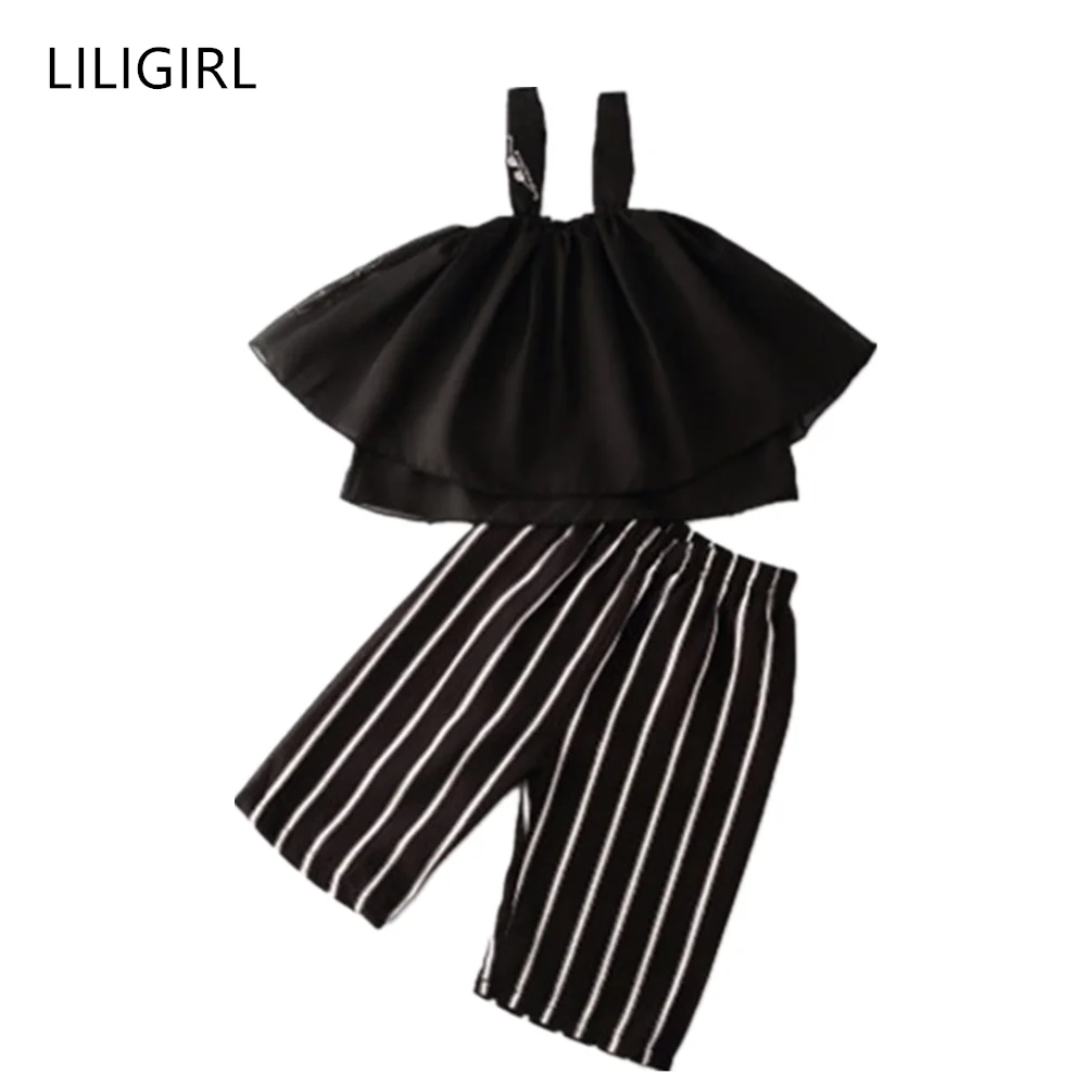 LILIGIRL/Новинка года; комплекты одежды для маленьких девочек; весенние топы с короткими рукавами и штаны; модный костюм в полоску для маленьких девочек