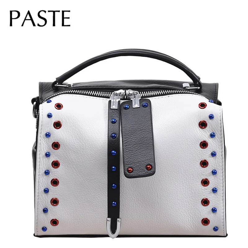 

2019 Colorful Rivet Ladies Hand Bags Brand Designer 100% Cowhide Leather Women Cross Body Bags All-match Boston Bag