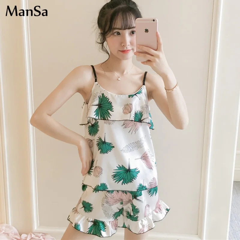 

2020 Summer Peacock flower Satin Silk Pajamas Women Sleepwear Sexy Nightwear Pyjamas girls Sling Pijamas Homewear Soft nightwear