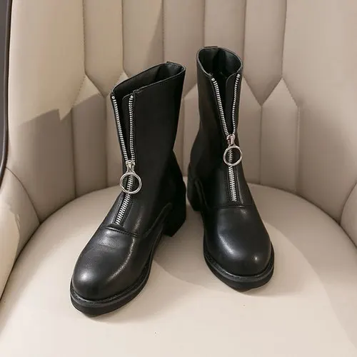 CYOSO/женские ботинки; однотонные женские низкие ботинки до середины икры на молнии в западном стиле; зимние ботинки на высоком каблуке; коллекция года; женские Ботинки martin; сезон осень - Цвет: Черный