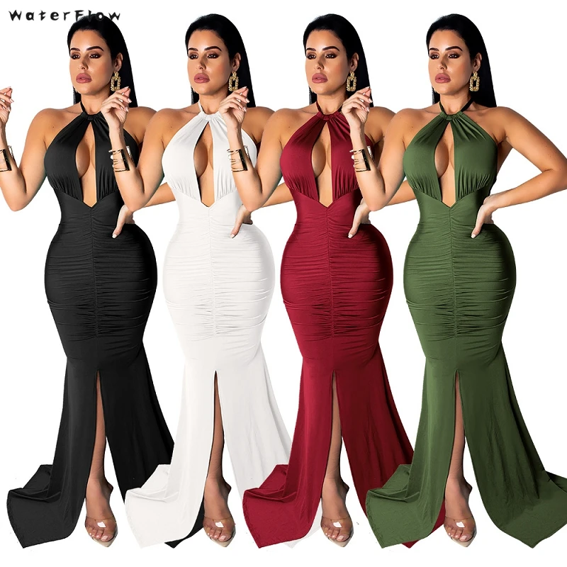 

2019 new Long Dress womon Sexy Strapless Prom High Split Backless Dress Summer Sleeveless Halter Hollow Out Party Dresses