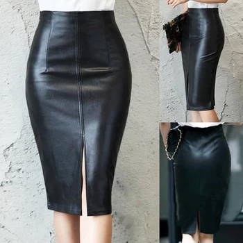 

Black PU Leather Skirt Women 2020 New Midi Sexy High Waist Bodycon Split Skirt Office Pencil Skirt Knee Length Plus Size