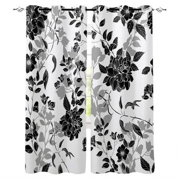 

Multi-size Flower Texture Lines Black And White Pattern Window Curtains Polyester Fabric Living Room Curtain Home Decor