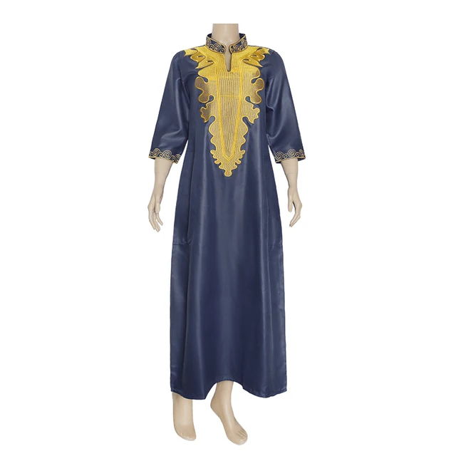 MD African Clothing For Women Ankara Traditional Long Dresses Embroidered Dashiki Robe Marocaine Jellaba Femme Kaftan Party Gown Navy Blue