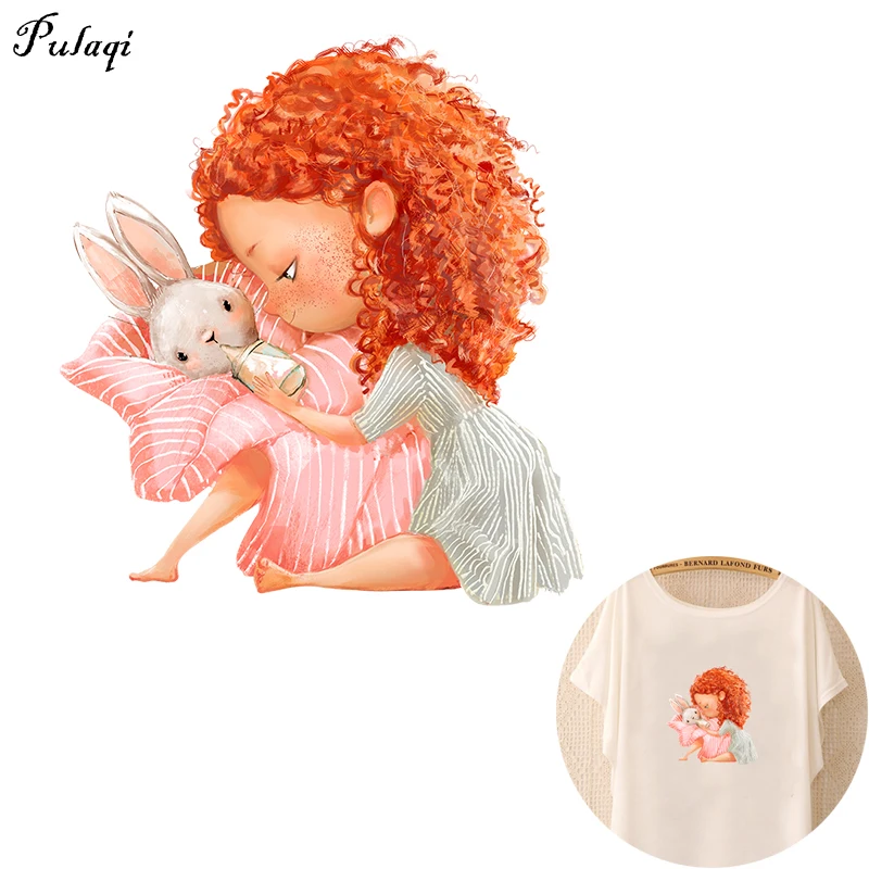 

Pulaqi Vinyl Lovely Curls Girl Patches Cute Rabbit Iron On Transfers For Clothing Stickers Heat Thermal Transfer Patch Applique