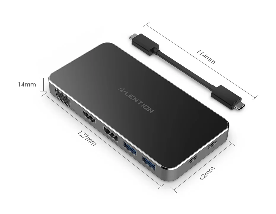 Lention USB-C портативная док-станция 1080P с 2 USB 3,0, HDMI+ DisplayPort+ VGA выход, type C данных+ адаптер для зарядки