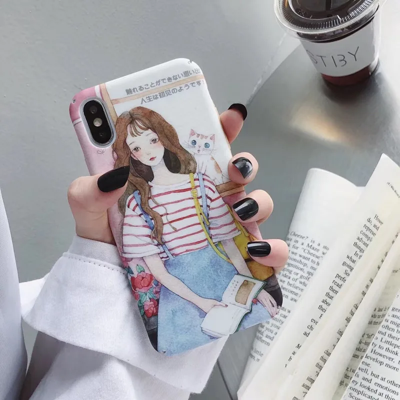 Japanese Retro cute girl White cat Phone case matte cover for coque iPhone 7 7 Plus 6 8 6s Plus xs max case for iPhone X XR case