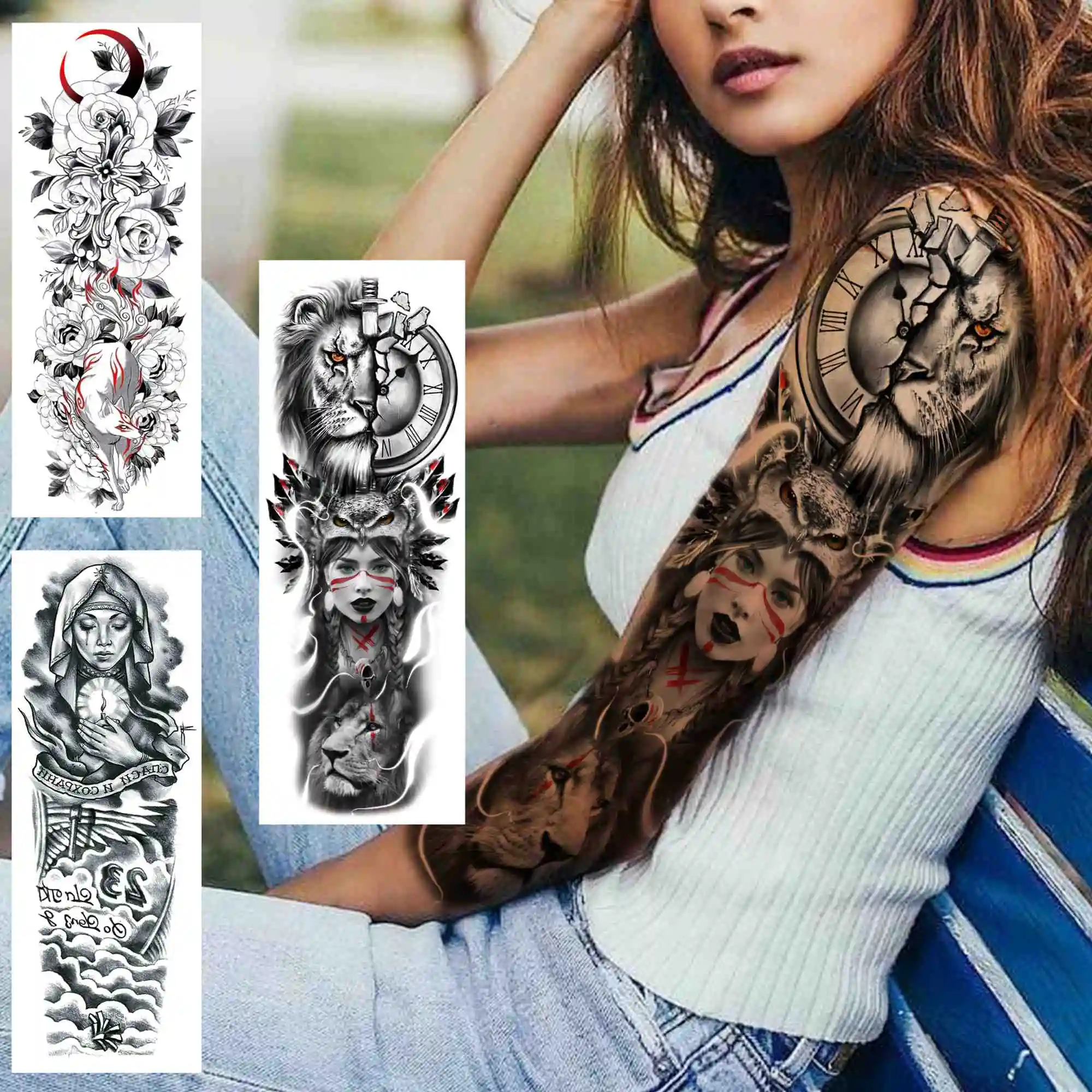 

Indian Lion Full Arm Large Tattoo Sticker for Women Men Adult Moon Rose Nun Temporary Tattoos Sleeve Sexy Waterproof Fake Tatoos